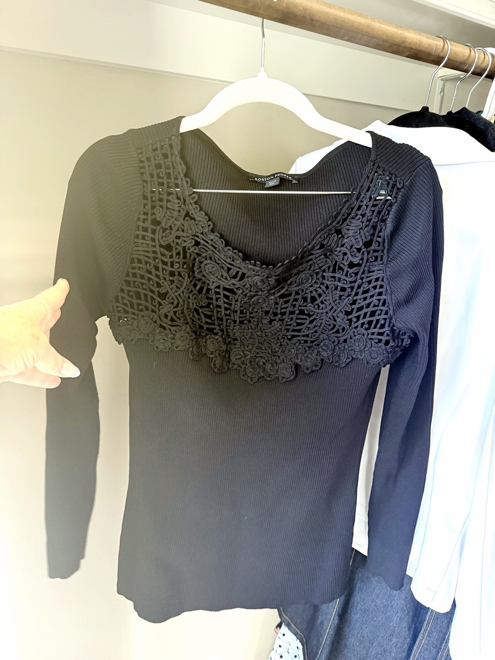 Boston Proper Sexy Black Long-Sleeve Ribbed Top with Crochet Lace Yoke